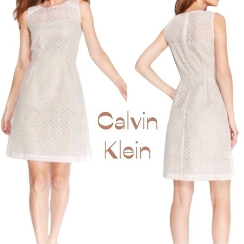 Calvin Klein Cream Sheer Eyelet Lace Cotton Dress NWOT Size 6